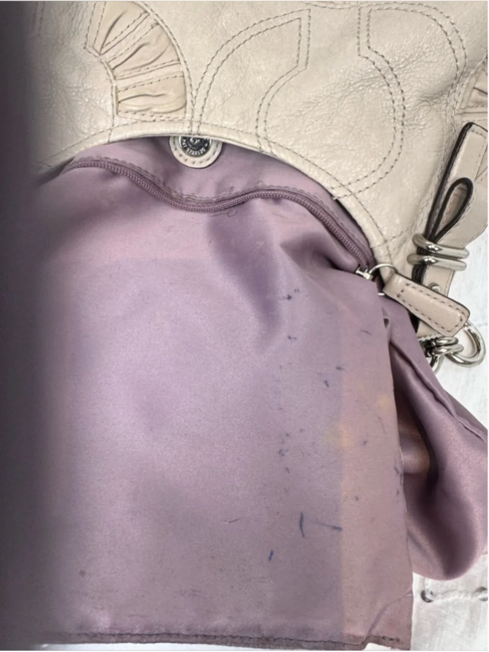 Coach 2010 Madison Maggie Putty Leather Op Art Shoulder Bag Lavender lining